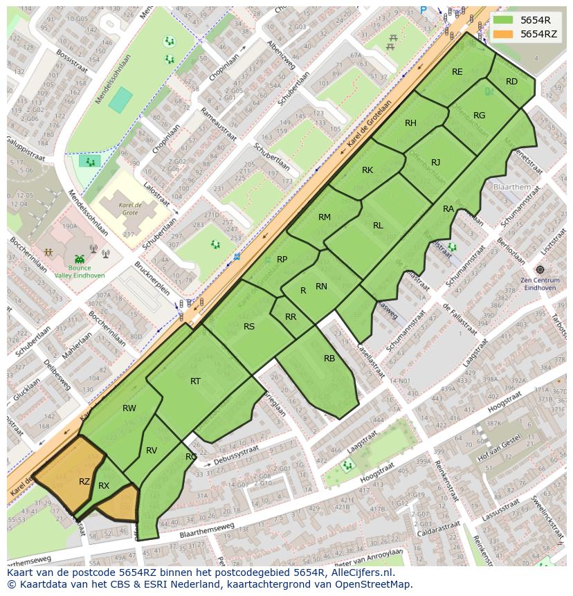 Afbeelding van het postcodegebied 5654 RZ op de kaart.