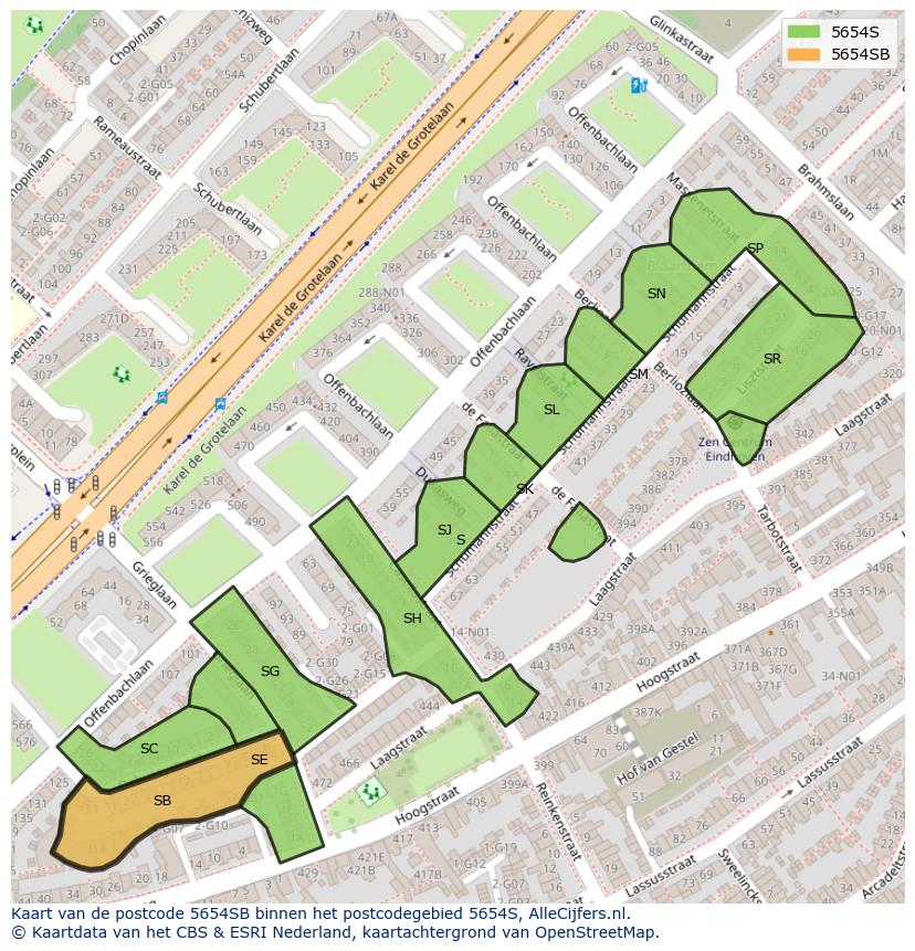 Afbeelding van het postcodegebied 5654 SB op de kaart.