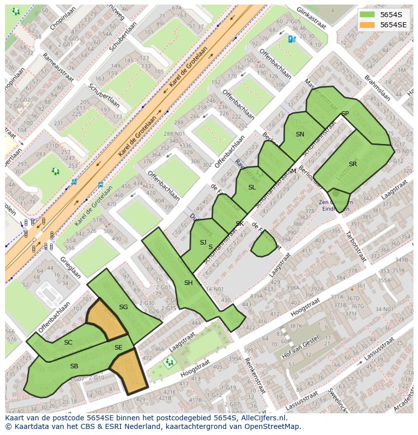 Afbeelding van het postcodegebied 5654 SE op de kaart.