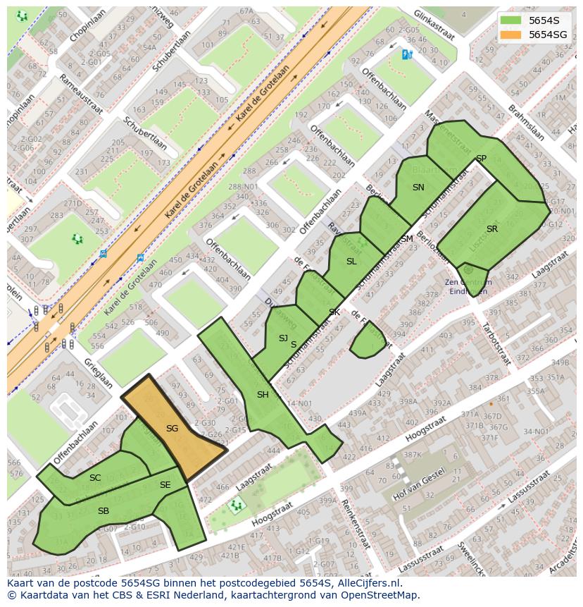 Afbeelding van het postcodegebied 5654 SG op de kaart.