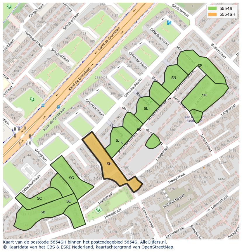 Afbeelding van het postcodegebied 5654 SH op de kaart.