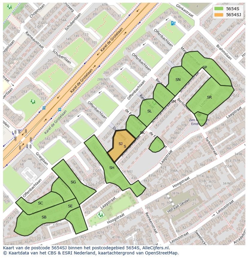 Afbeelding van het postcodegebied 5654 SJ op de kaart.