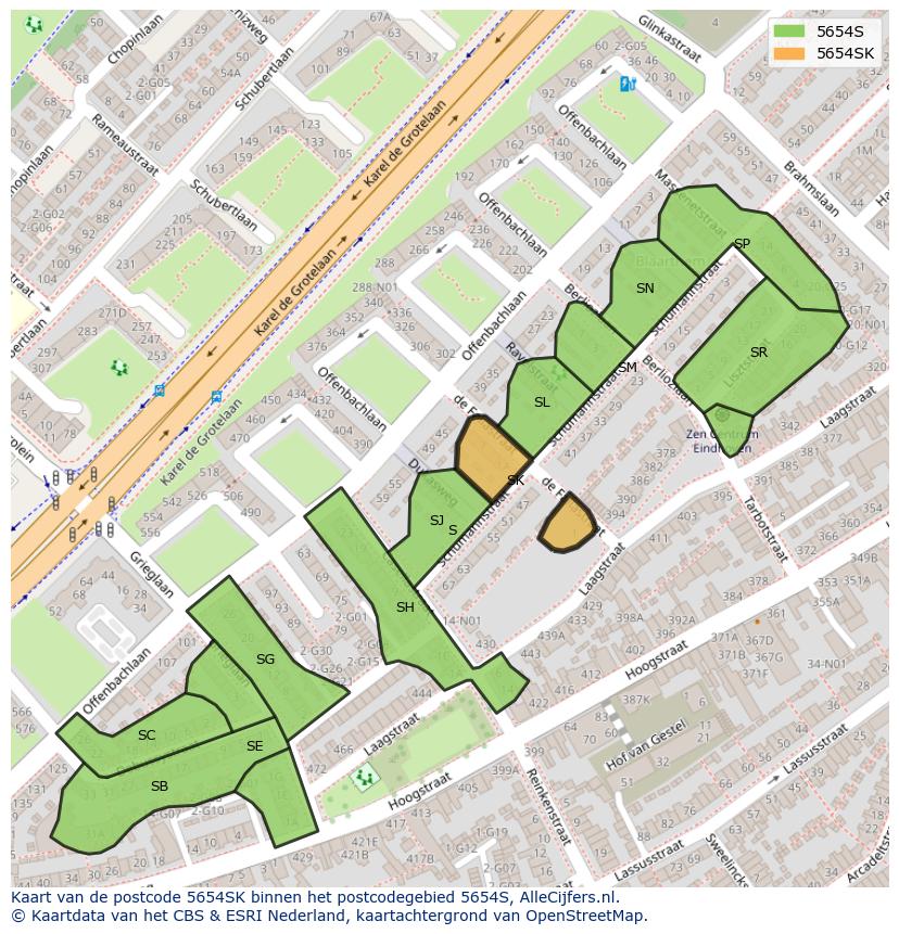 Afbeelding van het postcodegebied 5654 SK op de kaart.