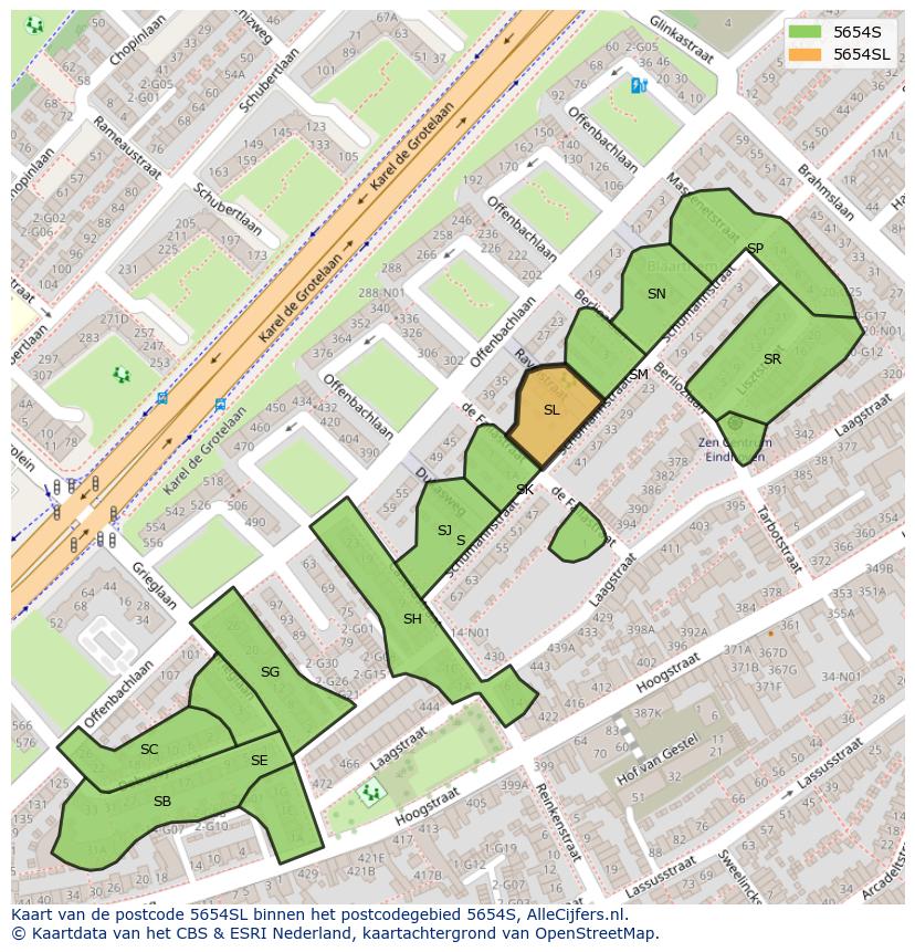 Afbeelding van het postcodegebied 5654 SL op de kaart.