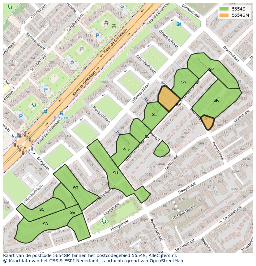Afbeelding van het postcodegebied 5654 SM op de kaart.