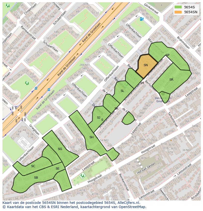 Afbeelding van het postcodegebied 5654 SN op de kaart.