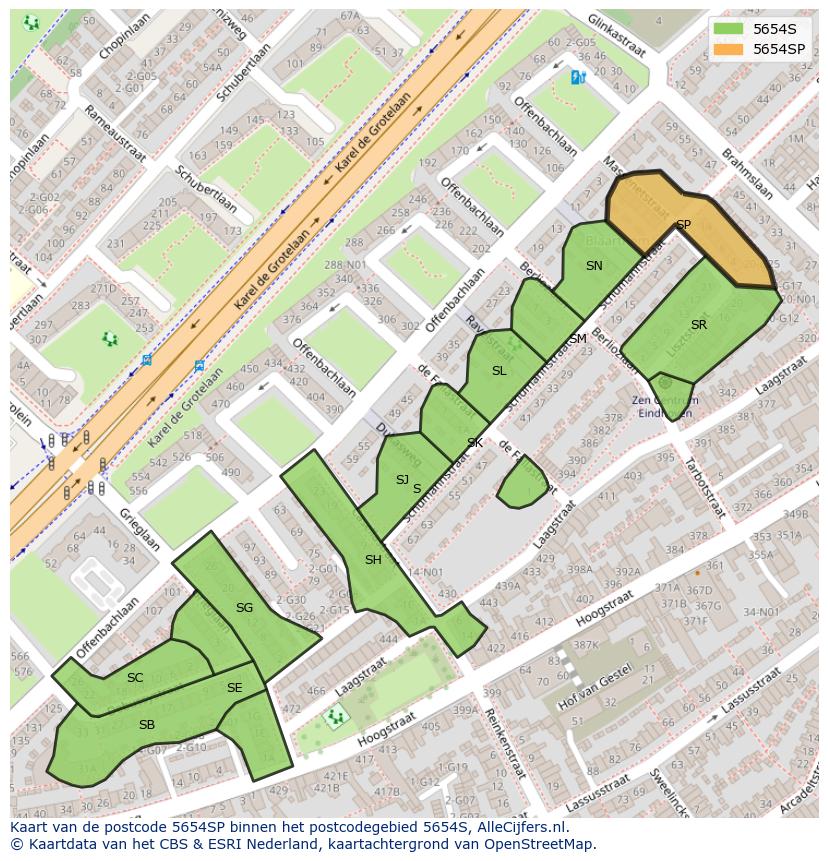 Afbeelding van het postcodegebied 5654 SP op de kaart.