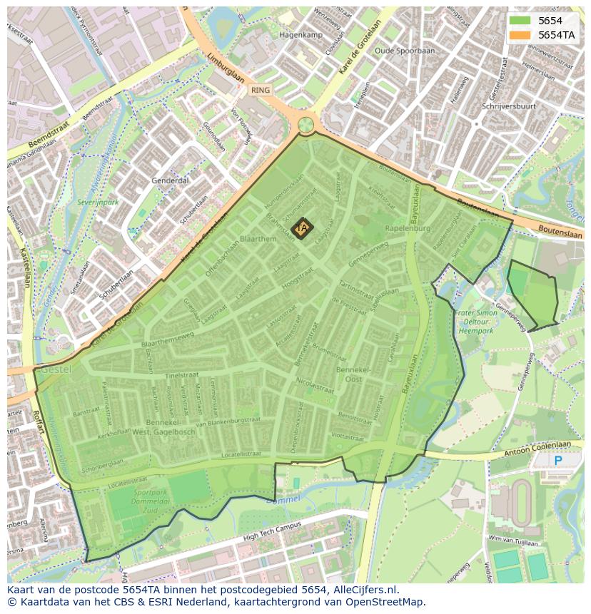 Afbeelding van het postcodegebied 5654 TA op de kaart.