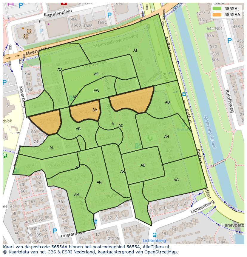 Afbeelding van het postcodegebied 5655 AA op de kaart.