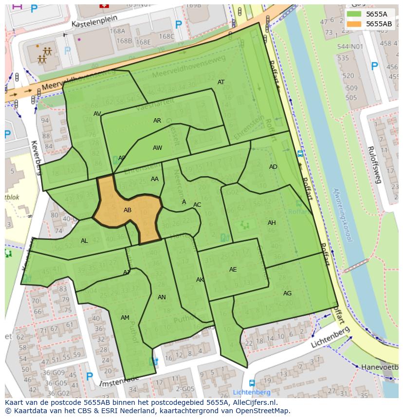 Afbeelding van het postcodegebied 5655 AB op de kaart.