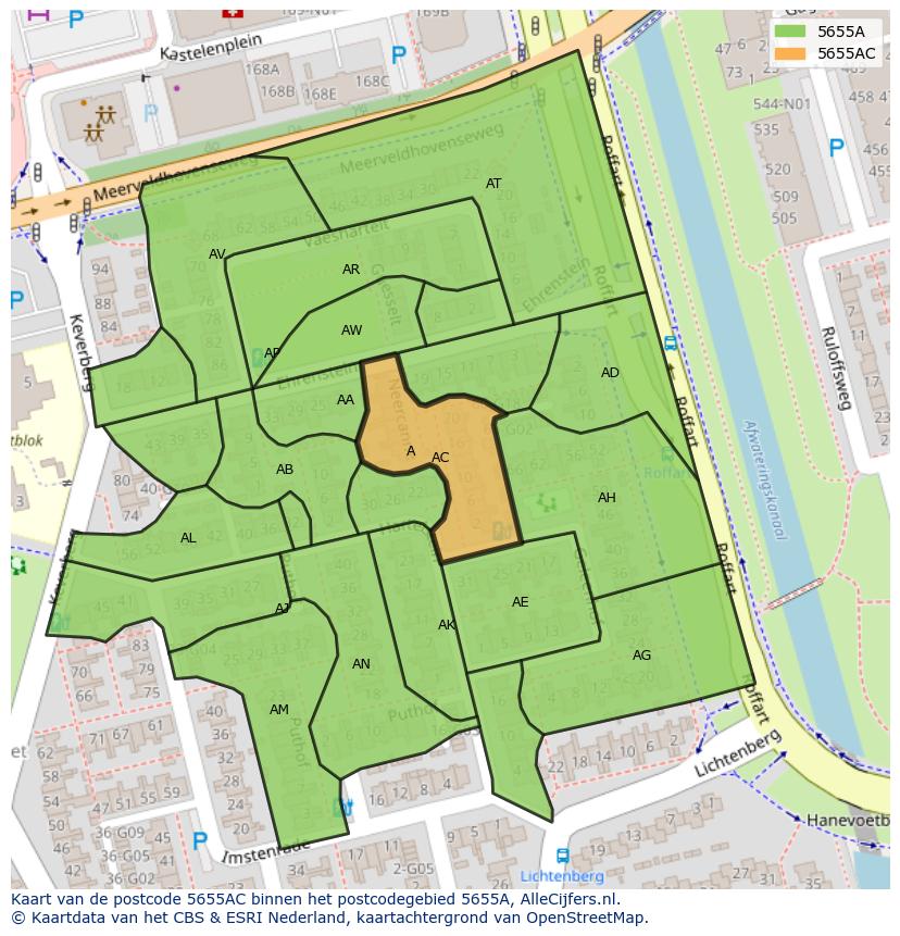 Afbeelding van het postcodegebied 5655 AC op de kaart.