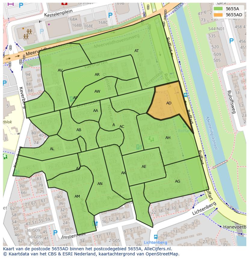 Afbeelding van het postcodegebied 5655 AD op de kaart.