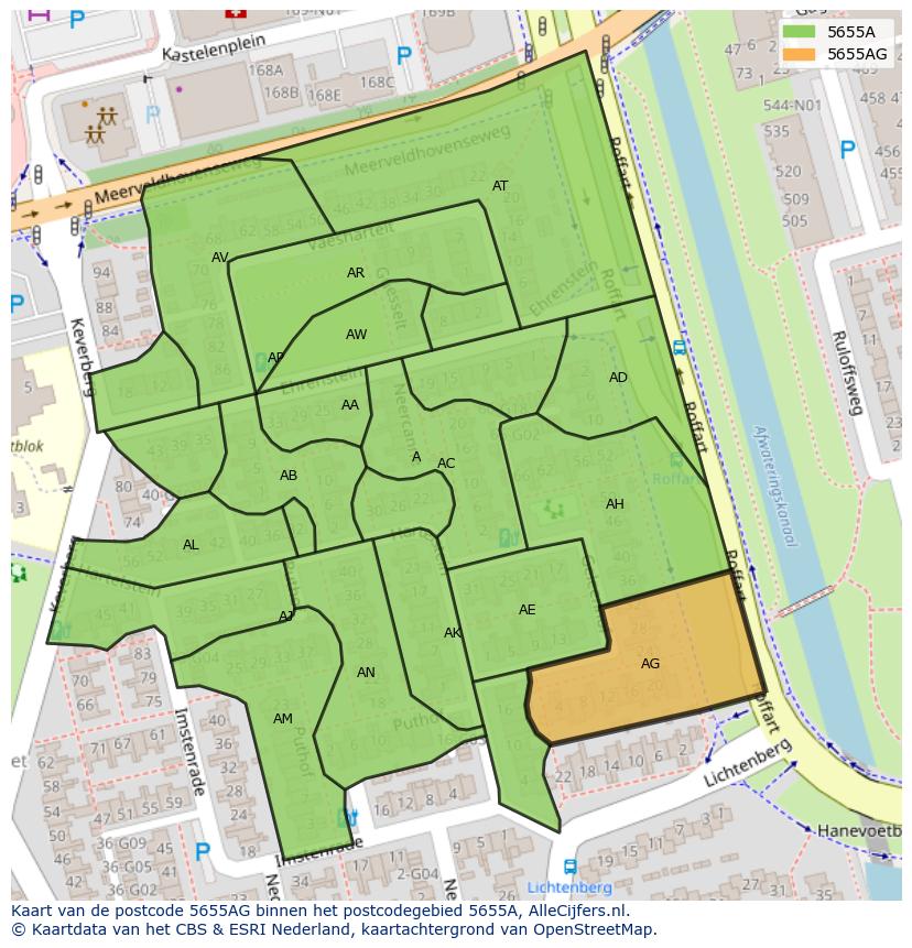 Afbeelding van het postcodegebied 5655 AG op de kaart.