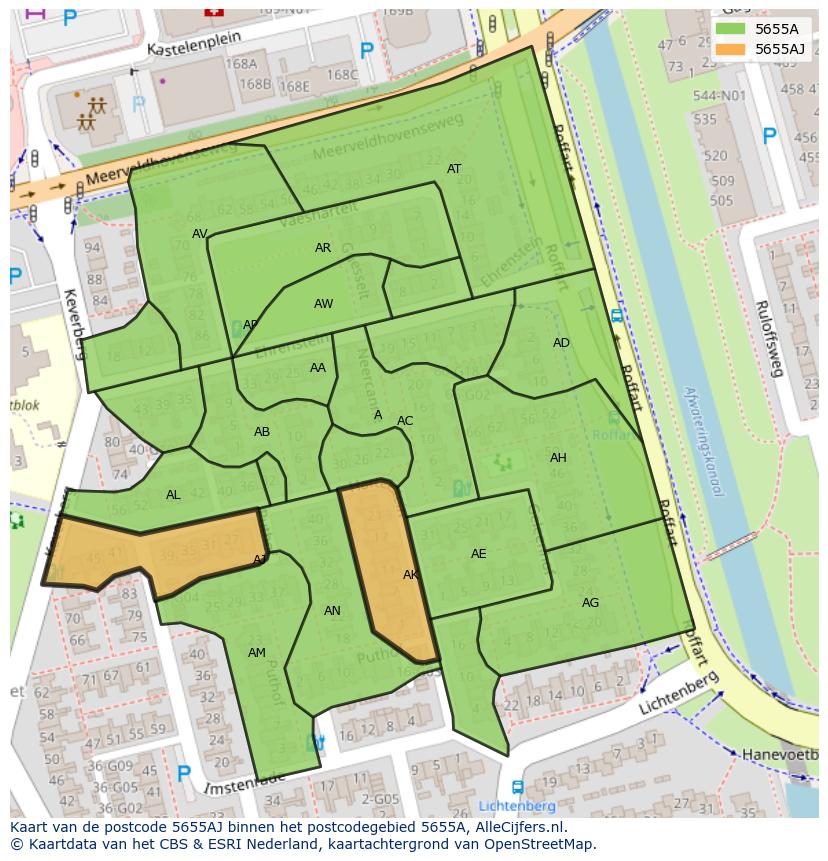 Afbeelding van het postcodegebied 5655 AJ op de kaart.