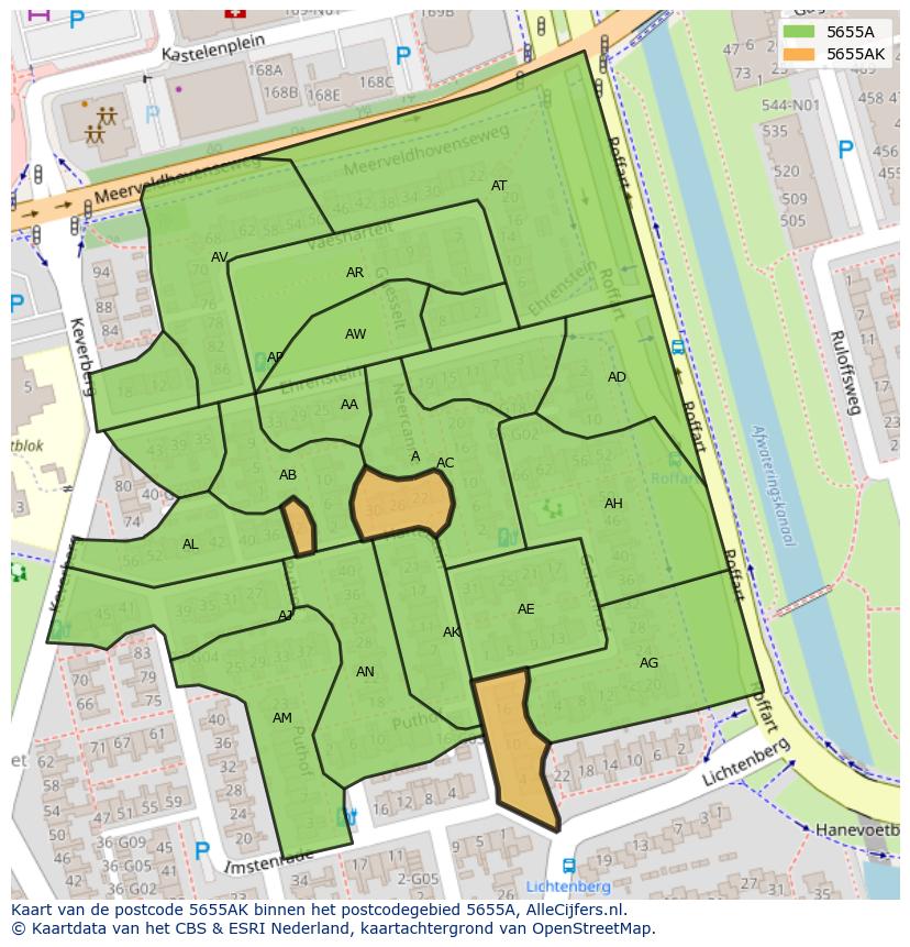 Afbeelding van het postcodegebied 5655 AK op de kaart.