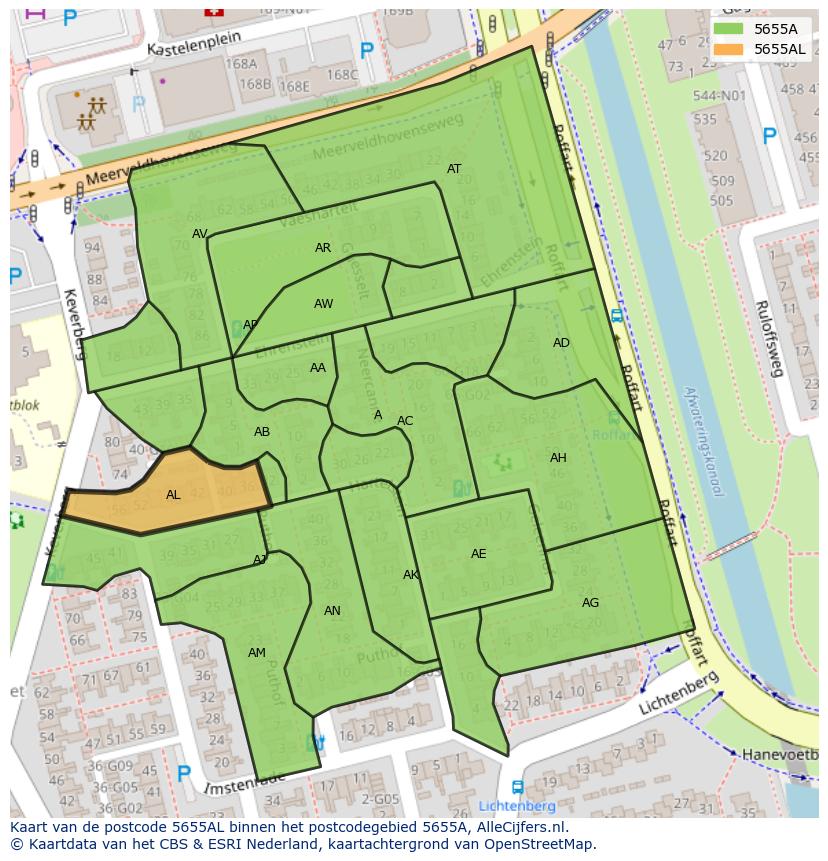 Afbeelding van het postcodegebied 5655 AL op de kaart.