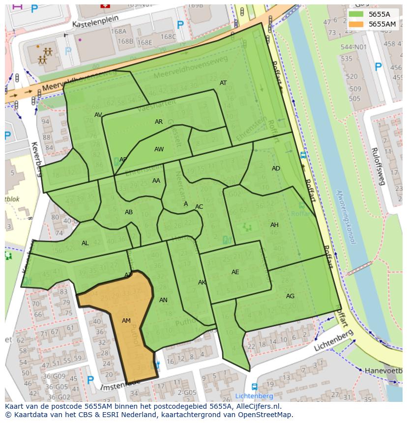 Afbeelding van het postcodegebied 5655 AM op de kaart.