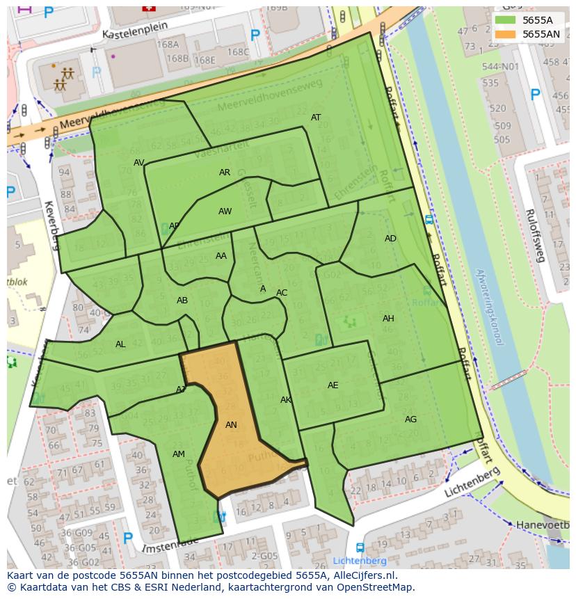 Afbeelding van het postcodegebied 5655 AN op de kaart.
