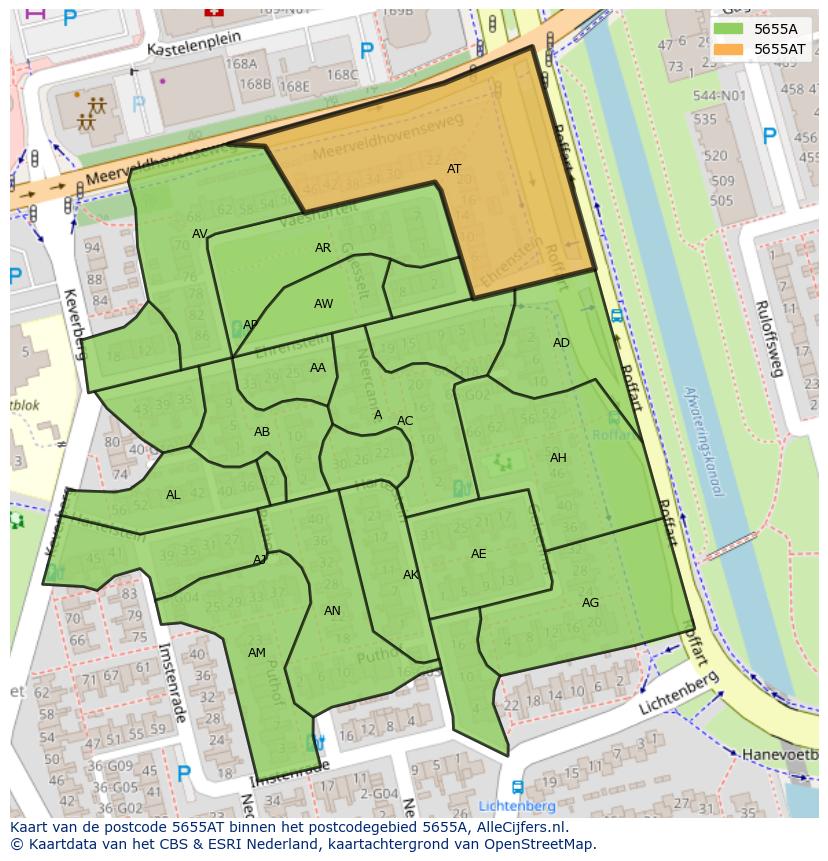 Afbeelding van het postcodegebied 5655 AT op de kaart.