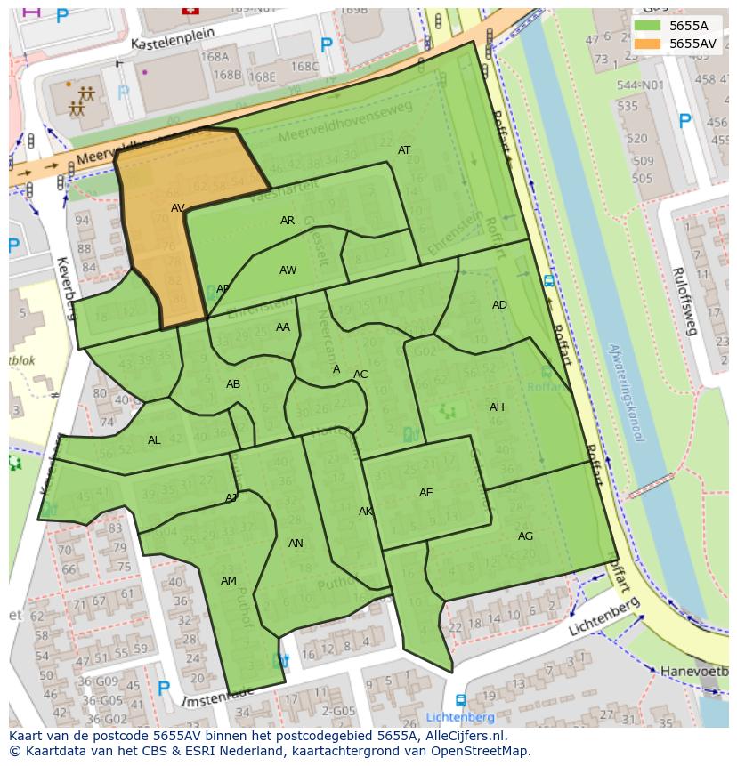 Afbeelding van het postcodegebied 5655 AV op de kaart.