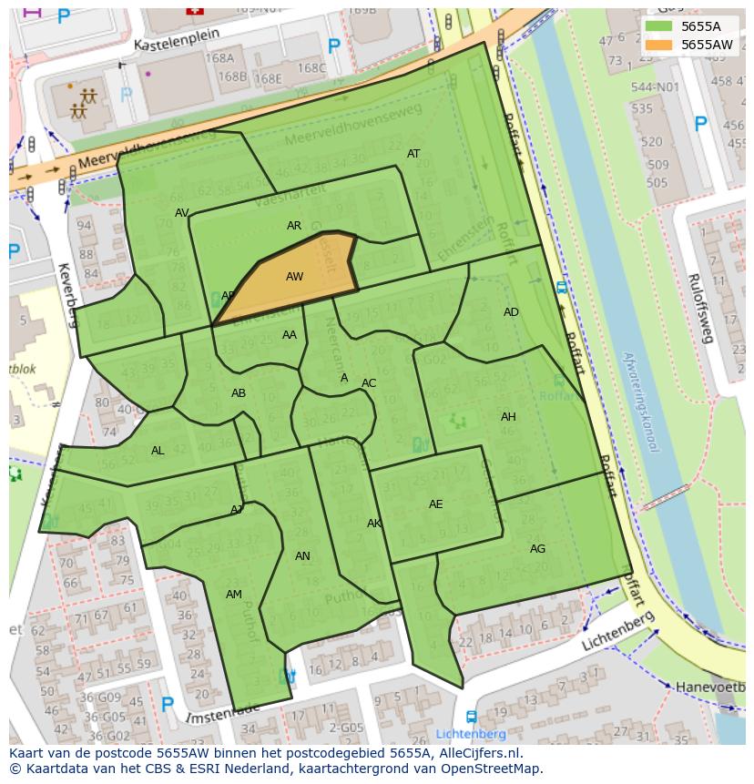 Afbeelding van het postcodegebied 5655 AW op de kaart.