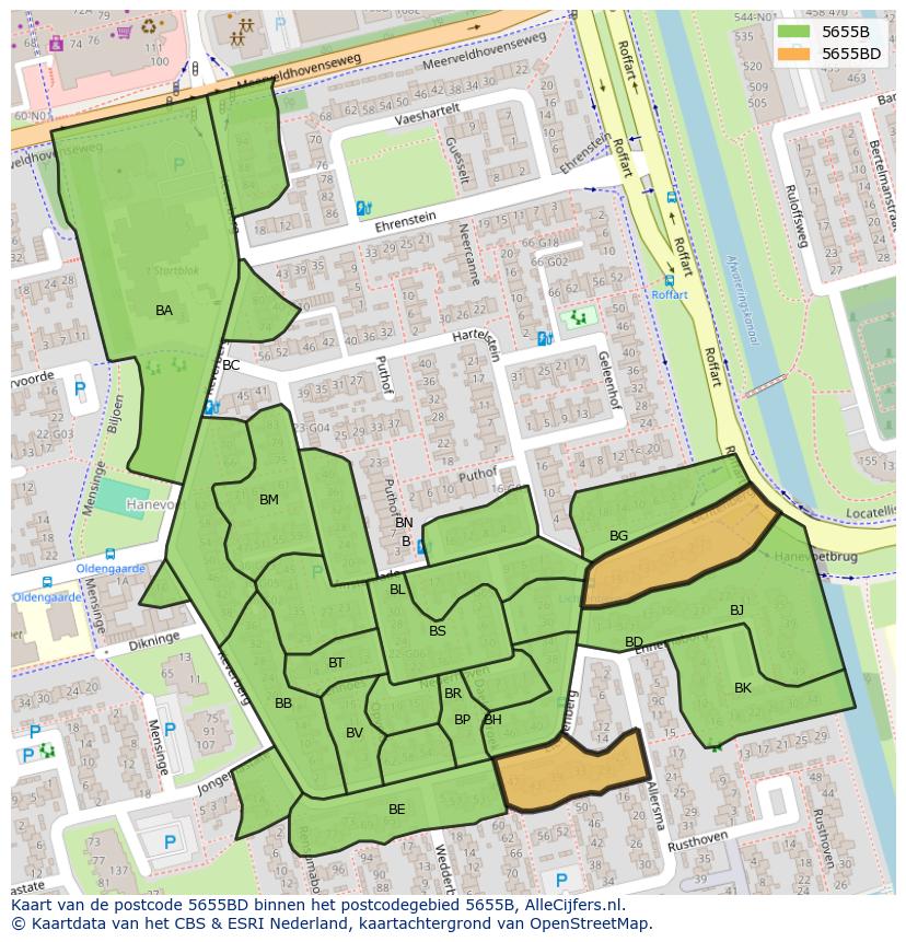 Afbeelding van het postcodegebied 5655 BD op de kaart.