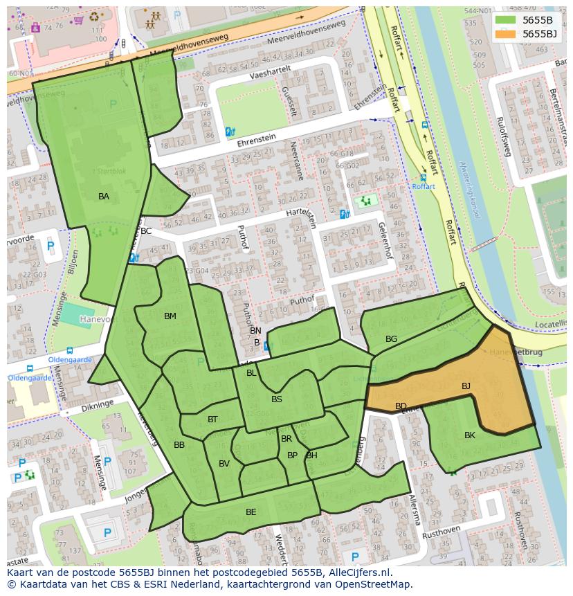 Afbeelding van het postcodegebied 5655 BJ op de kaart.