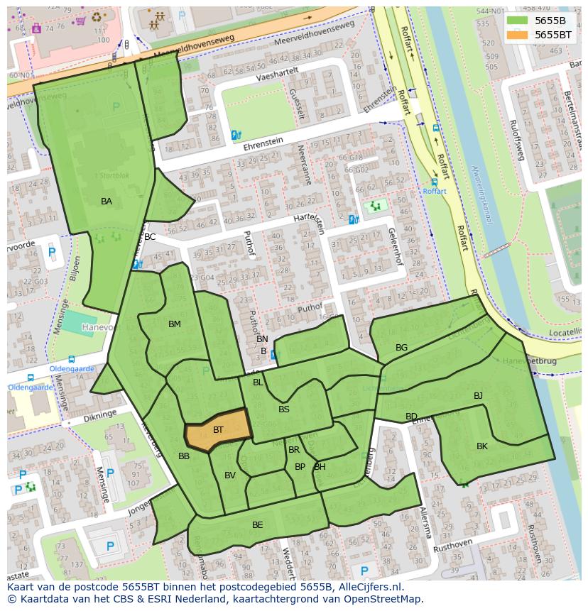 Afbeelding van het postcodegebied 5655 BT op de kaart.