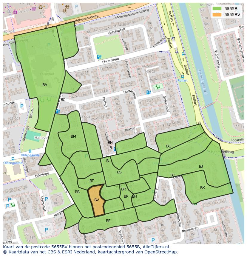 Afbeelding van het postcodegebied 5655 BV op de kaart.