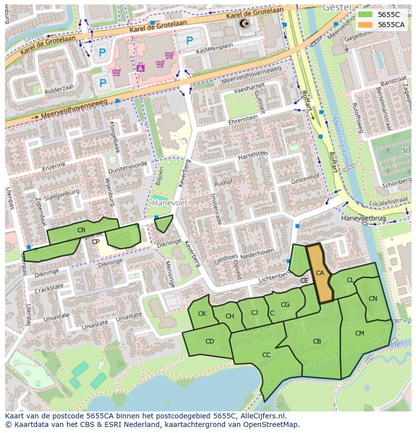 Afbeelding van het postcodegebied 5655 CA op de kaart.