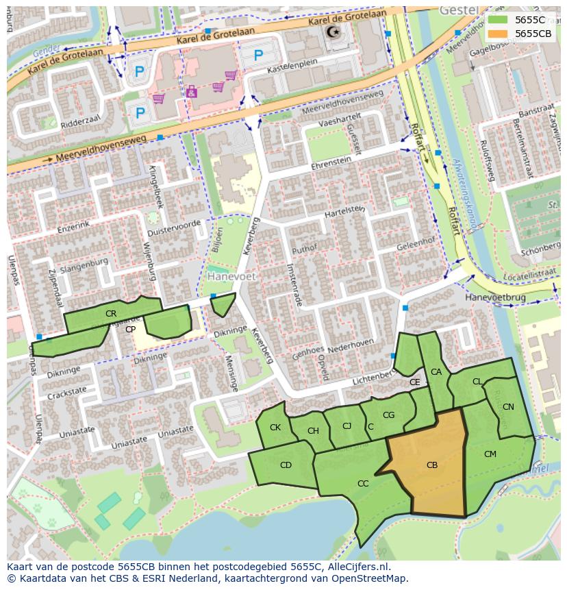 Afbeelding van het postcodegebied 5655 CB op de kaart.