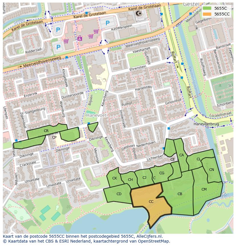 Afbeelding van het postcodegebied 5655 CC op de kaart.