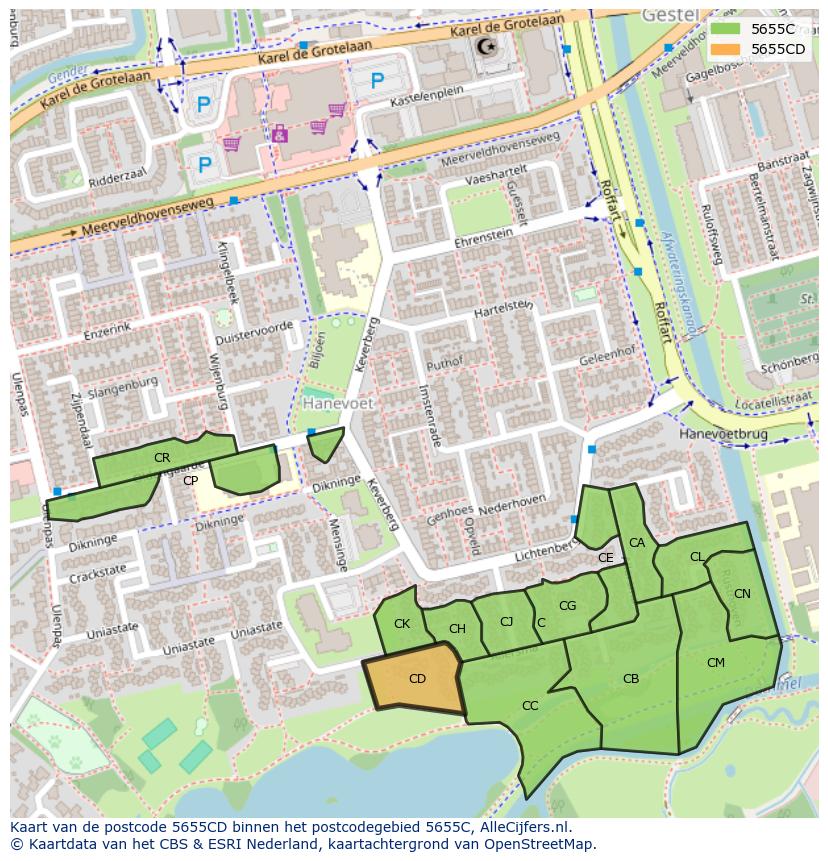 Afbeelding van het postcodegebied 5655 CD op de kaart.