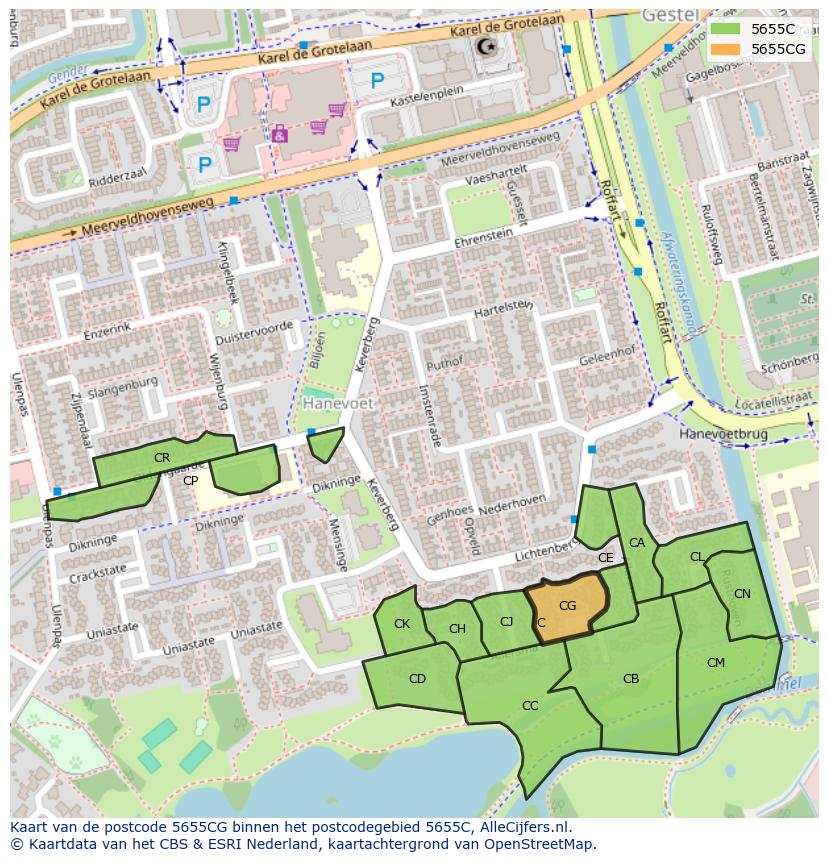 Afbeelding van het postcodegebied 5655 CG op de kaart.