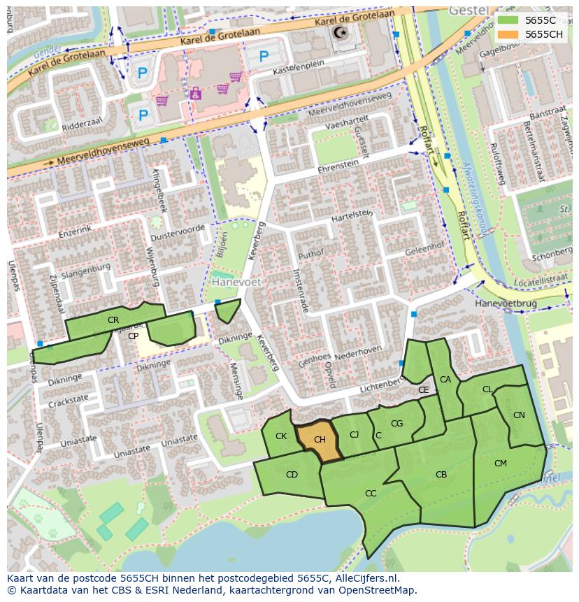 Afbeelding van het postcodegebied 5655 CH op de kaart.