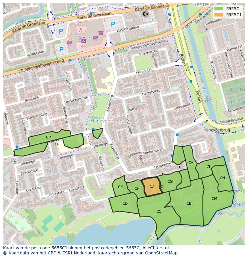 Afbeelding van het postcodegebied 5655 CJ op de kaart.