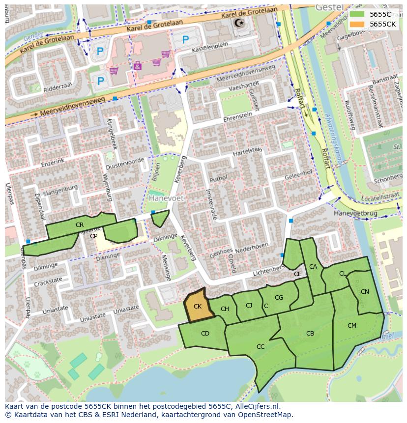 Afbeelding van het postcodegebied 5655 CK op de kaart.