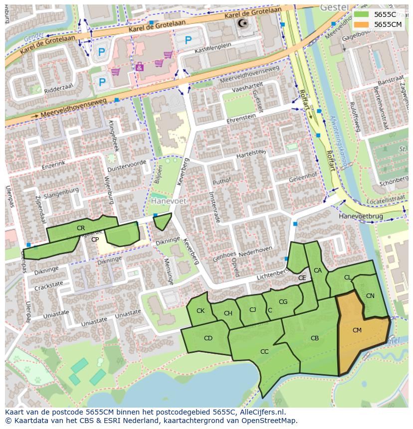 Afbeelding van het postcodegebied 5655 CM op de kaart.