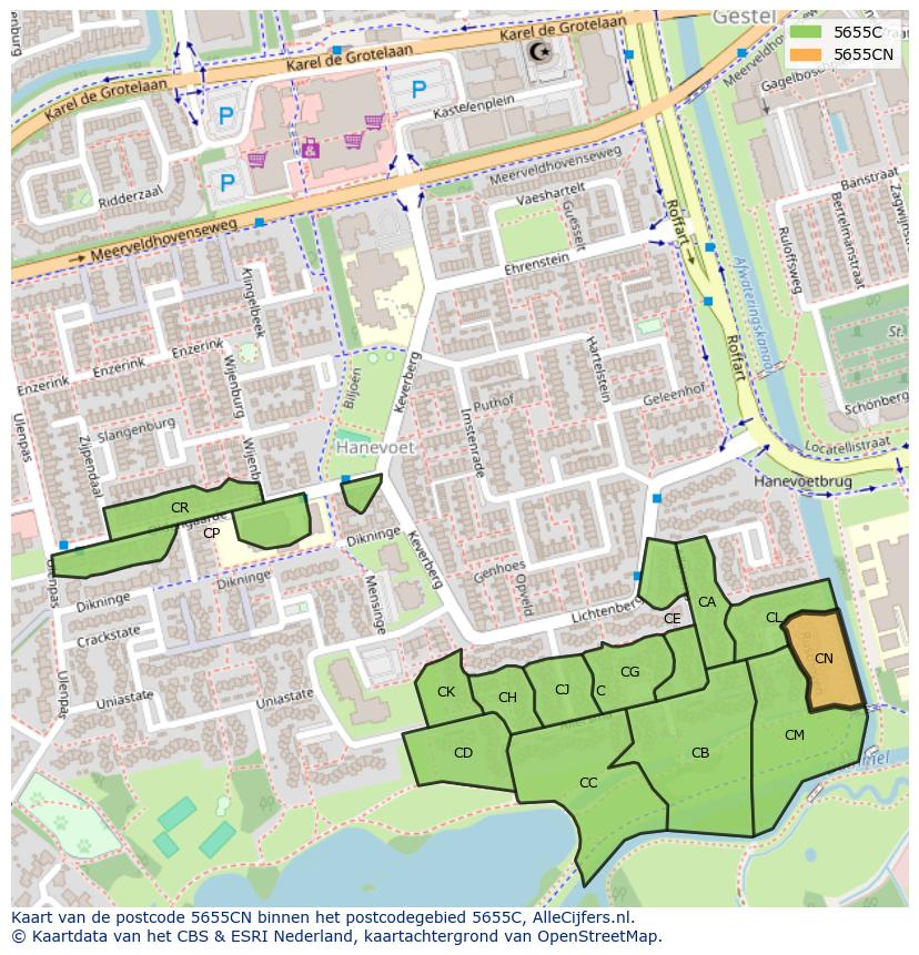 Afbeelding van het postcodegebied 5655 CN op de kaart.