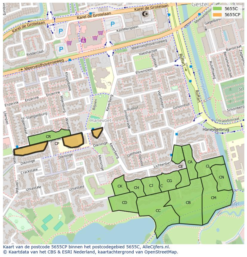 Afbeelding van het postcodegebied 5655 CP op de kaart.