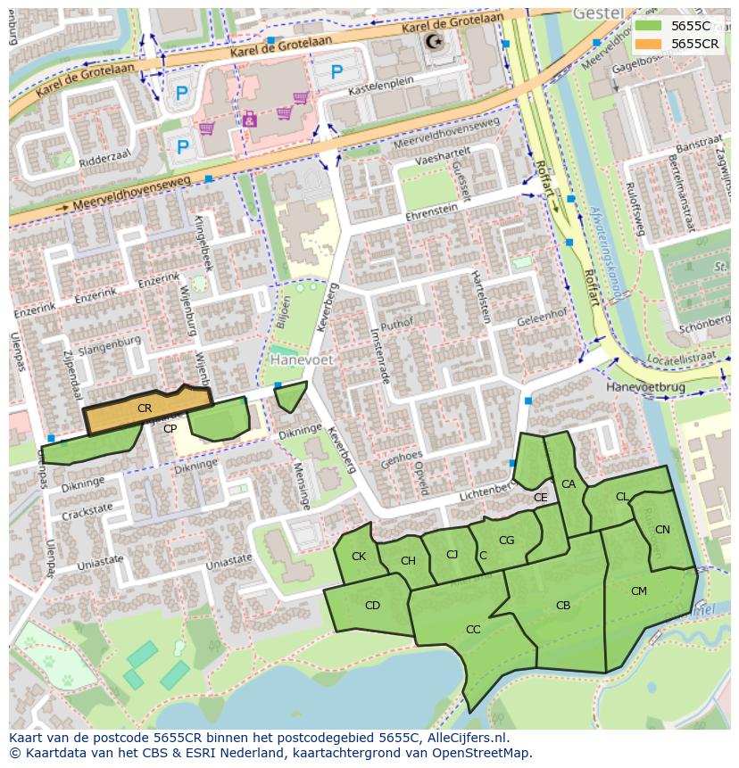 Afbeelding van het postcodegebied 5655 CR op de kaart.