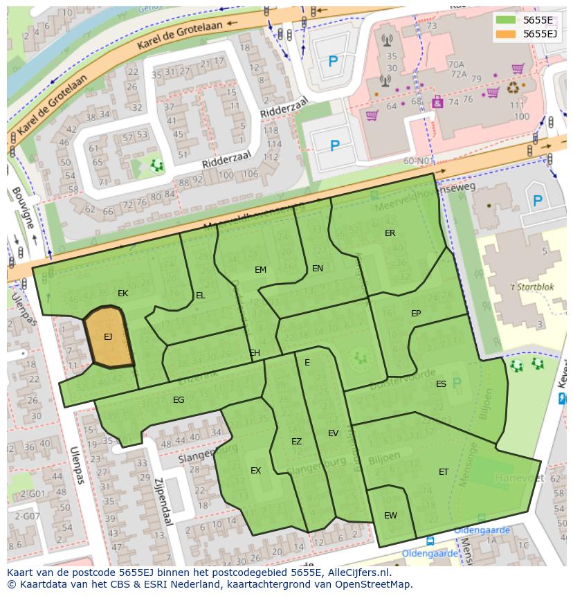Afbeelding van het postcodegebied 5655 EJ op de kaart.