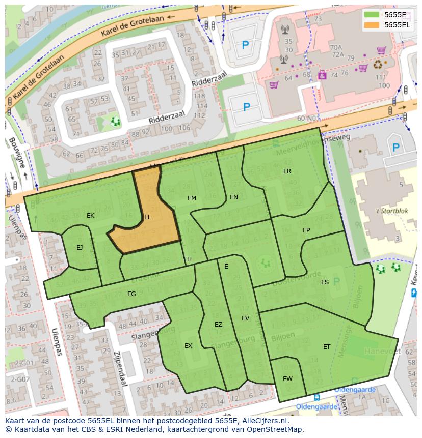 Afbeelding van het postcodegebied 5655 EL op de kaart.