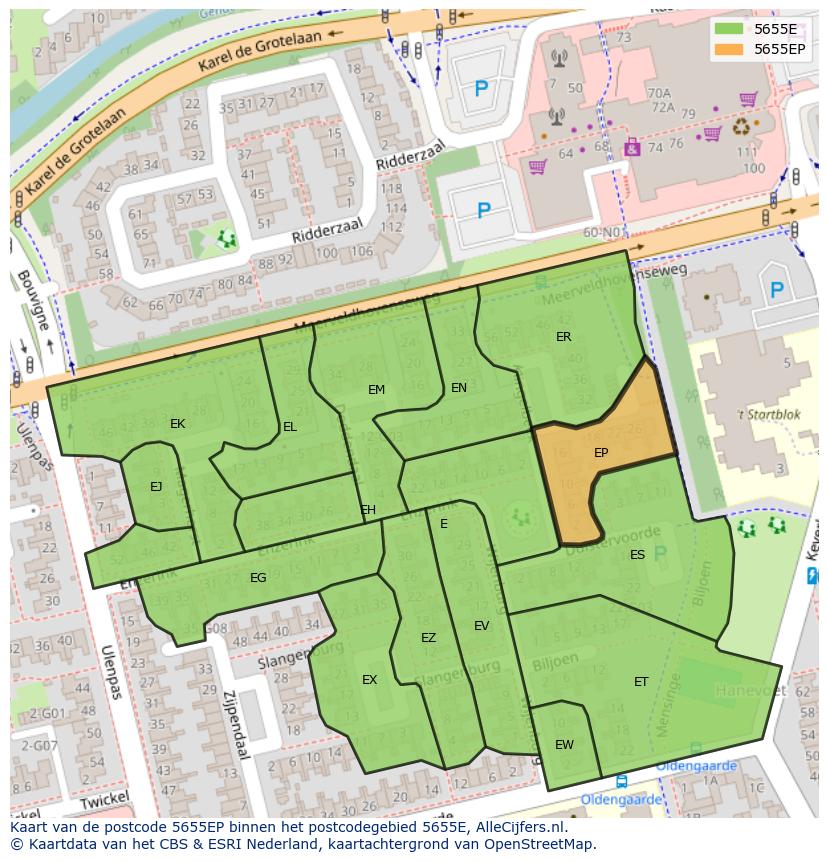 Afbeelding van het postcodegebied 5655 EP op de kaart.