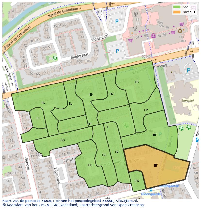 Afbeelding van het postcodegebied 5655 ET op de kaart.