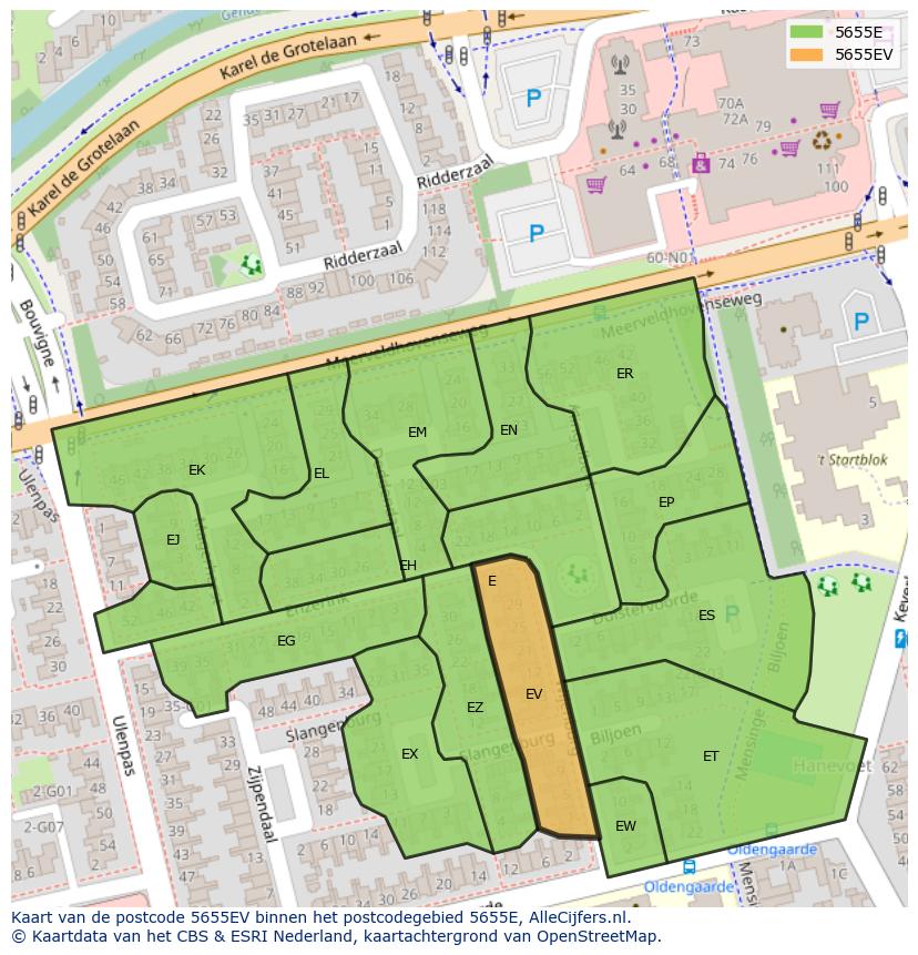 Afbeelding van het postcodegebied 5655 EV op de kaart.