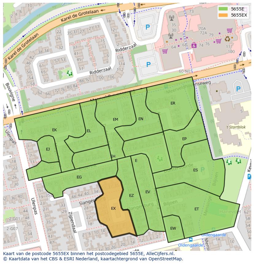 Afbeelding van het postcodegebied 5655 EX op de kaart.