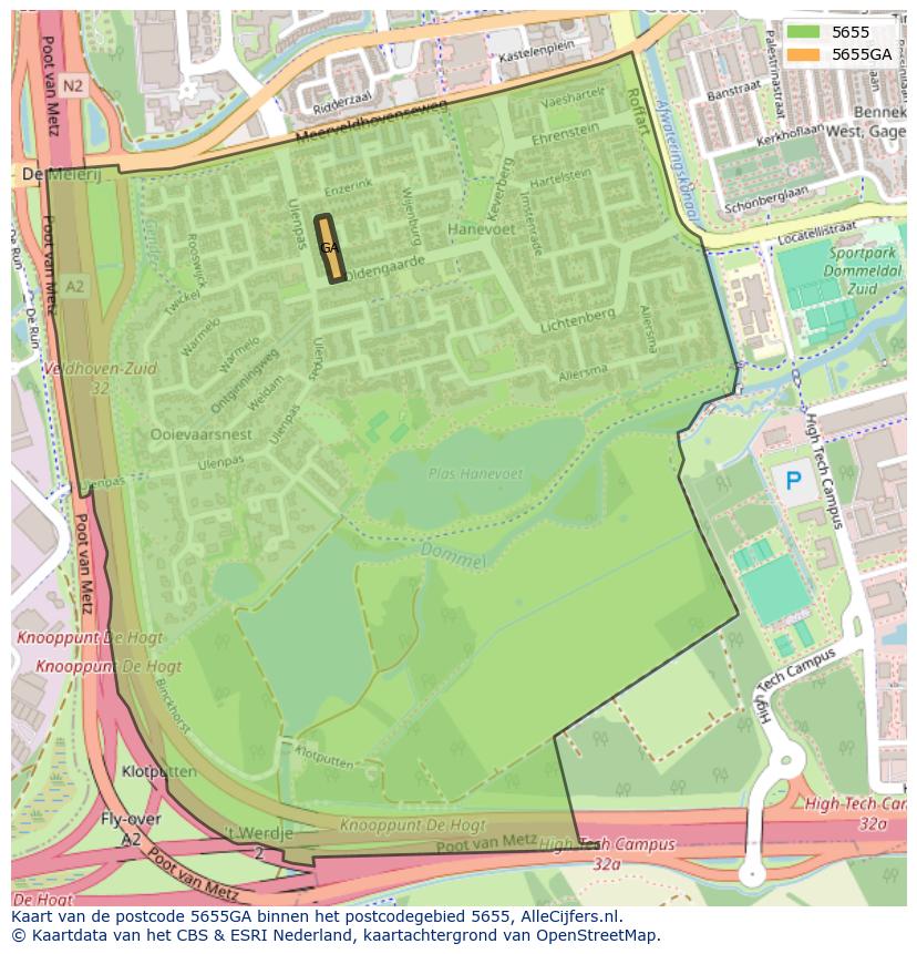Afbeelding van het postcodegebied 5655 GA op de kaart.