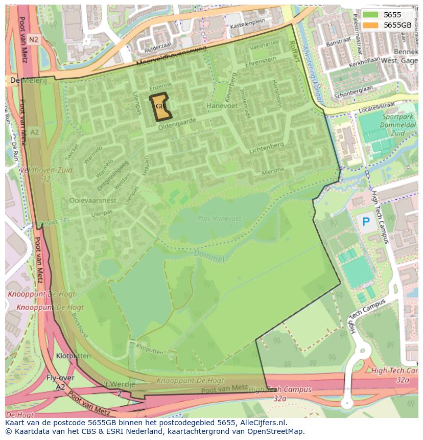 Afbeelding van het postcodegebied 5655 GB op de kaart.