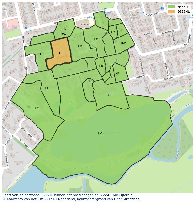 Afbeelding van het postcodegebied 5655 HL op de kaart.